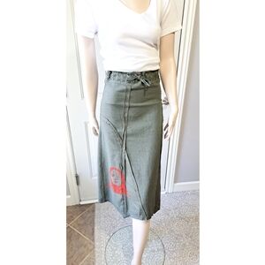 Olive Green Midi Skirt with Red Accent Size 7/8